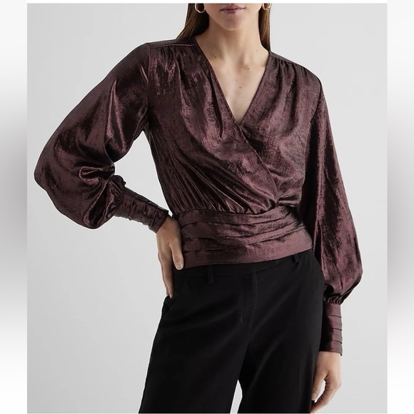 Express Women's Metallic V-Neck Balloon Sleeve Faux Wrap Top Size XS - NWT $68 - Picture 1 of 16